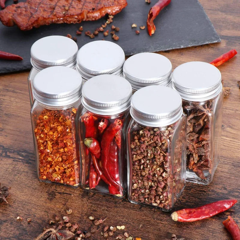 

RAYBIN Custom kitchen 4oz round glass stainless steel barbecue Seasoning square storage spice jars bottles, Silver