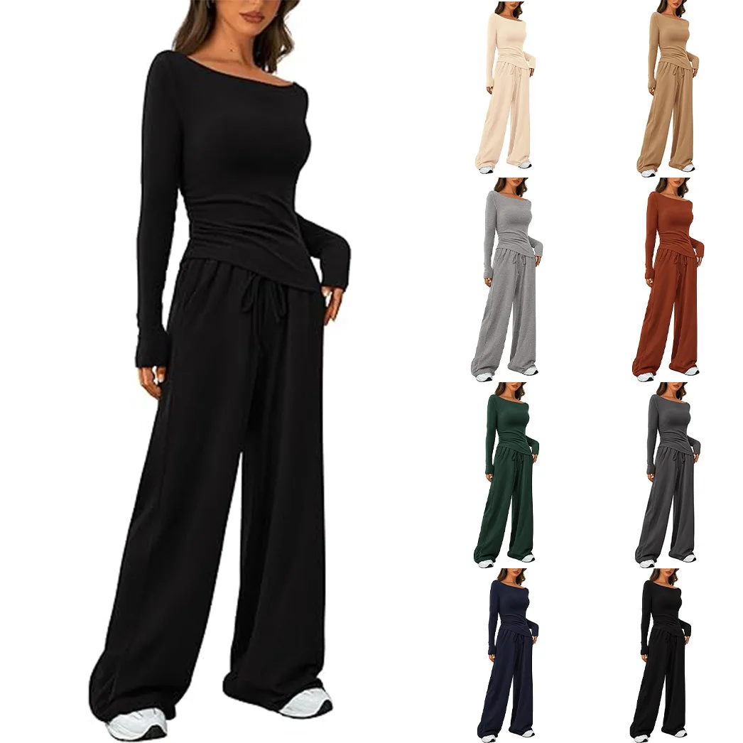 Women Long Sleeve Top Wide Leg Pants Custom logo Blank Pants Sets Shirts Casual Two Piece Suits Spring Fall Clothings