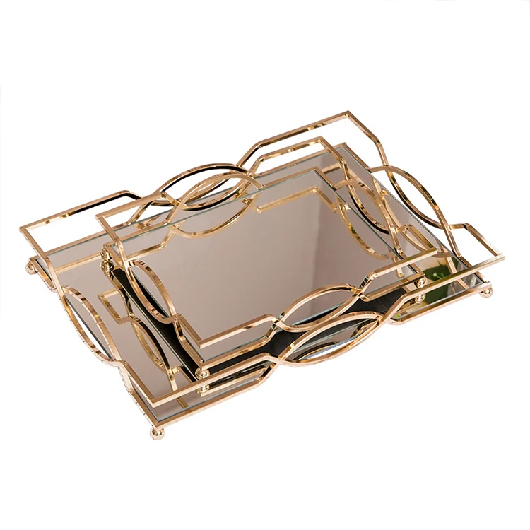 

Home Decor Gold Mirror Tray Decorative Glass Table Top Perfume Vanity Metal Jewelry Makeup Mirror Tray Organizer