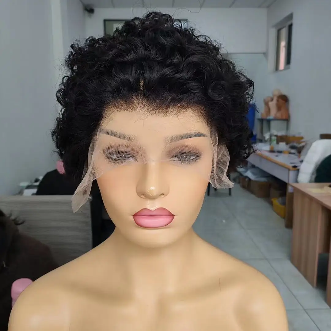 

Amara good quality machine made pixie curly wigs short curly pixie cut transparent lace frontal wig pixie remy hd lace cut wigs