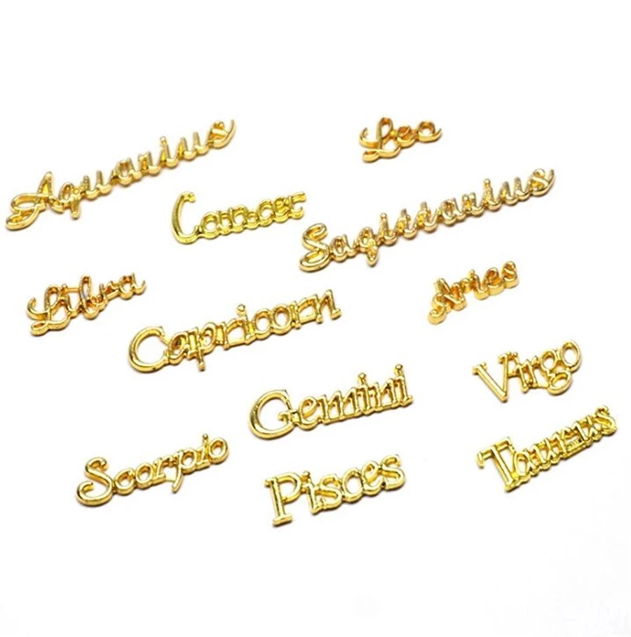 

12 PCS/Lot Gold Constellations Charms 3D Alloy Metal Letters Big Size Nail Tips Decoration Jewelry, Colorful