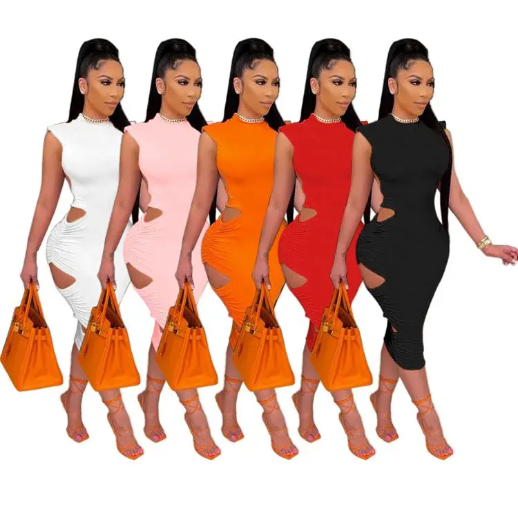 

2021 new Summer Casual Dress Bodycon Dress Sleeveless vestido de dama Sexy Pleat Hole Round-neck Women Dress