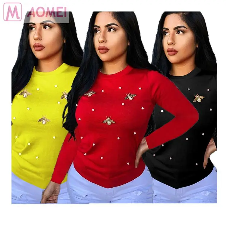 

Y2029 wholesale Autumn and winter solid beading casual long sleeve tops for women clothing blouse, Yellow,red,black