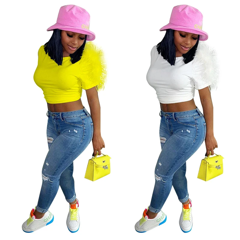 

High Quality Comfortable Three-dimensional Decoration Pleating Solid Cheap Fashion Women's T-shirts, Yellow, white