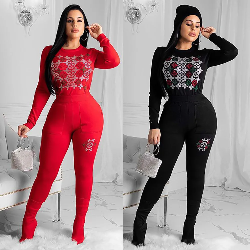 

N218 design women long sleeve O neck diamond solid color Flower print tracksuits party clothing 2020 Pant Sets Two Piece set