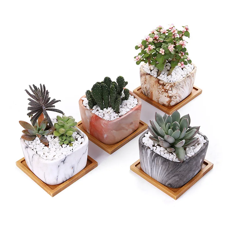 

Wholesale Square Design Small Cute Marble Ceramic Succulent Flower Pots for Plants with Bamboo Tray Planter Set