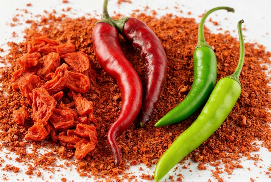 Close-up of various chili peppers including dried arbol, guajillo, and fresh serrano peppers arranged for comparison as red pepper flakes substitutes
