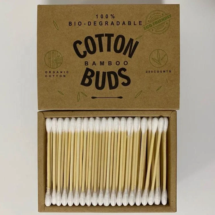 

Free Sample Customized logo Eco friendly 100% Biodegradable BPA Free Wooden Bamboo Cotton Buds for Ear, White cotton+natural wood color