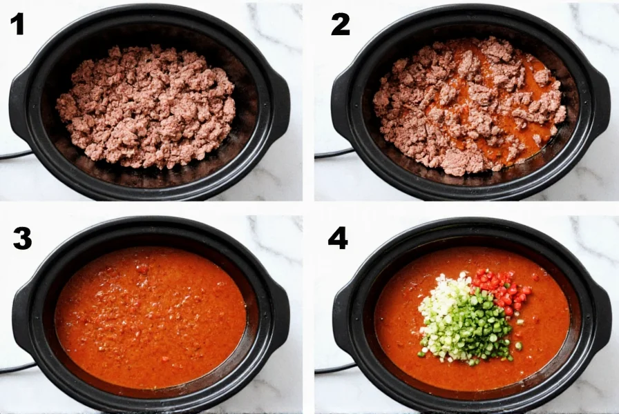Step-by-step crockpot chili preparation showing browning ground beef, chopping vegetables, and slow cooker with ingredients
