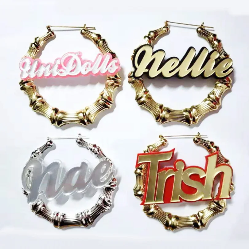 

Customized Letter 18K Gold Dangle Drop Acrylic Earrings Personalized Custom Name Stud Bamboo Big Hoop Earrings for Women Jewelry, Gold, silver, rose gold