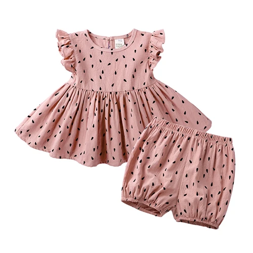 

KTFS Australia Baby Kids Clothing Sets Ruffles Fly Sleeve Blouses Dress Polka Dot Linen Cotton Baby Girls Clothing Sets Summer, Picture shows
