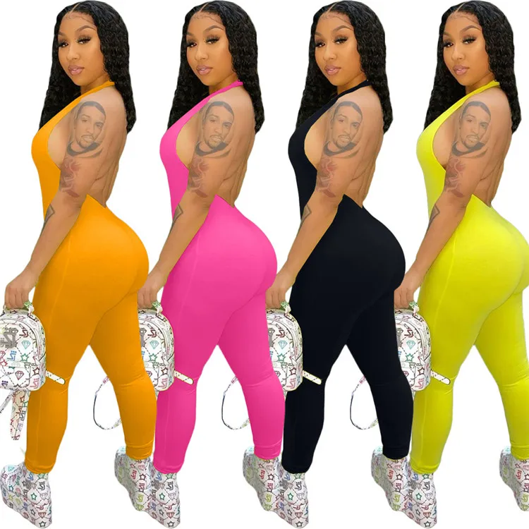 

Backless Womens Stacked Pants One Piece Jumpsuits Sleeveless Women Jumpsuits and Rompers Women Clothing, Yellow, black, pink, orange