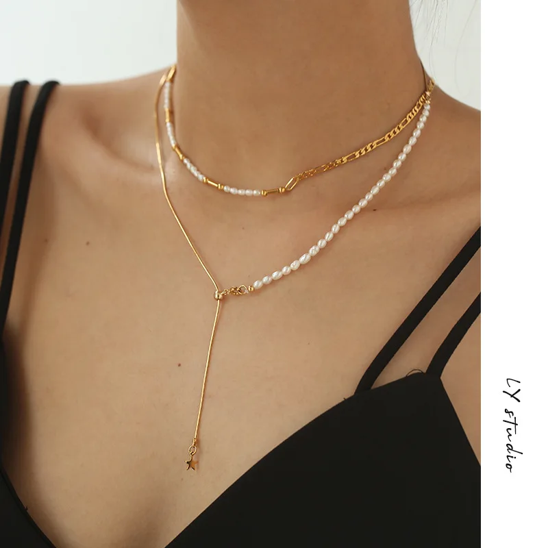 

New pearl Y word long adjustable necklace contracted clavicle chain necklace for women