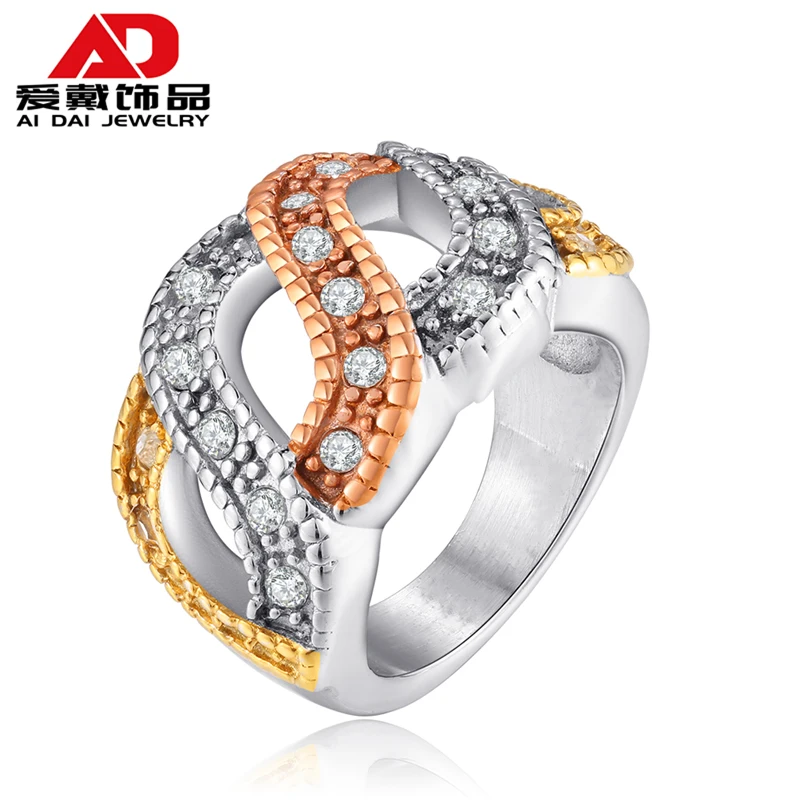 

ins fashion Korean version of titanium steel retro with diamond ring temperament female ring casting three-color electroplating