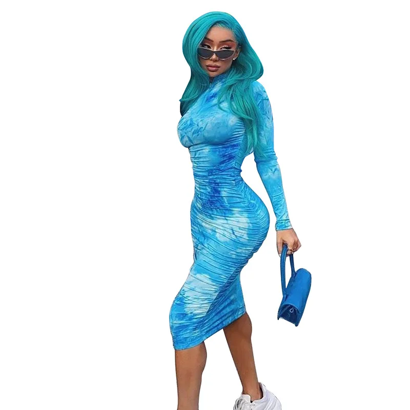 

Dropship 2021 Spring Summer Blue Print Tight Dresses Women Zipper Bodycon Long Dress Tie Dye Dresses