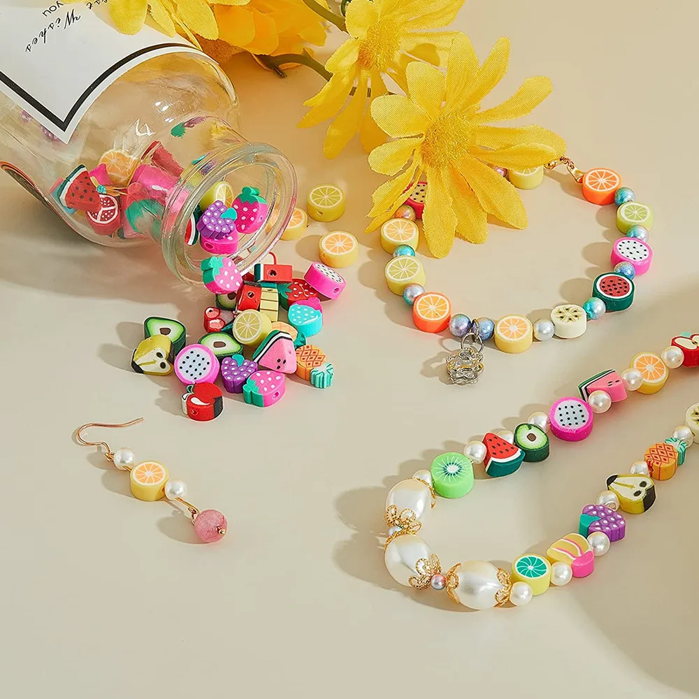 

100Pcs 10mm Mixed Color Fruit Heart Flower Beads Polymer Clay Spacer Loose Beads for Necklace DIY Bracelet Accessories