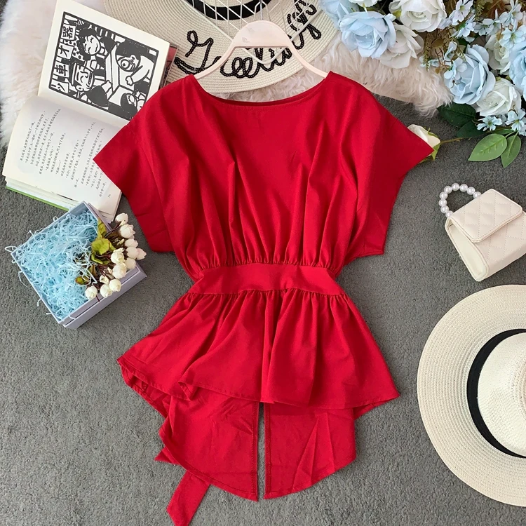 

Korean Style Chiffon Shirt Women Solid Slim Waist Peplum Ruffles Tops Short Sleeve Back Bow Spring Summer, Shown