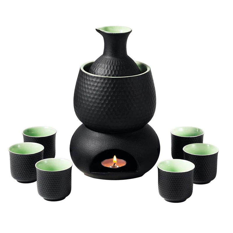 

Traditional Ceramic Sake Set with Warmer Portable Gift Box Package Porcelain Pottery Hot Saki Drink Japanese Sake Set, Black or any pms colour is accepted