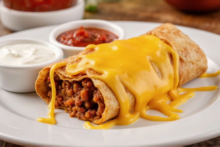 Photograph of a golden-brown chili cheese burrito with melted cheese oozing out, served with sides of sour cream and salsa on a white plate