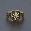 Men Stainless steel Ring Hip hop Punk Style Gold Color Black Oil Maple Leaf Weed Rings Jewelry Size 8/9/10/11/12