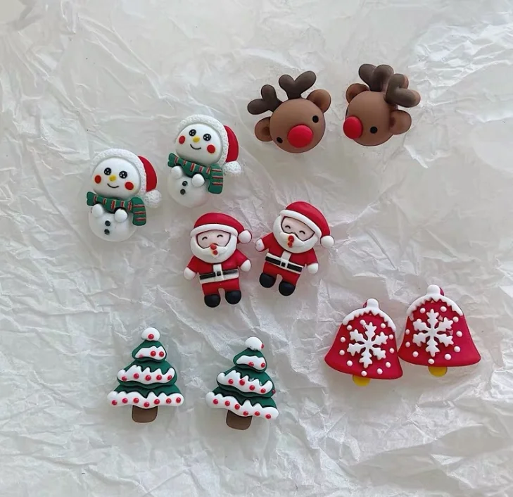 

wholesale sweet silicone snowman earrings cute santa elk resin stud christmas earrings without pierced ear clips, 5 color