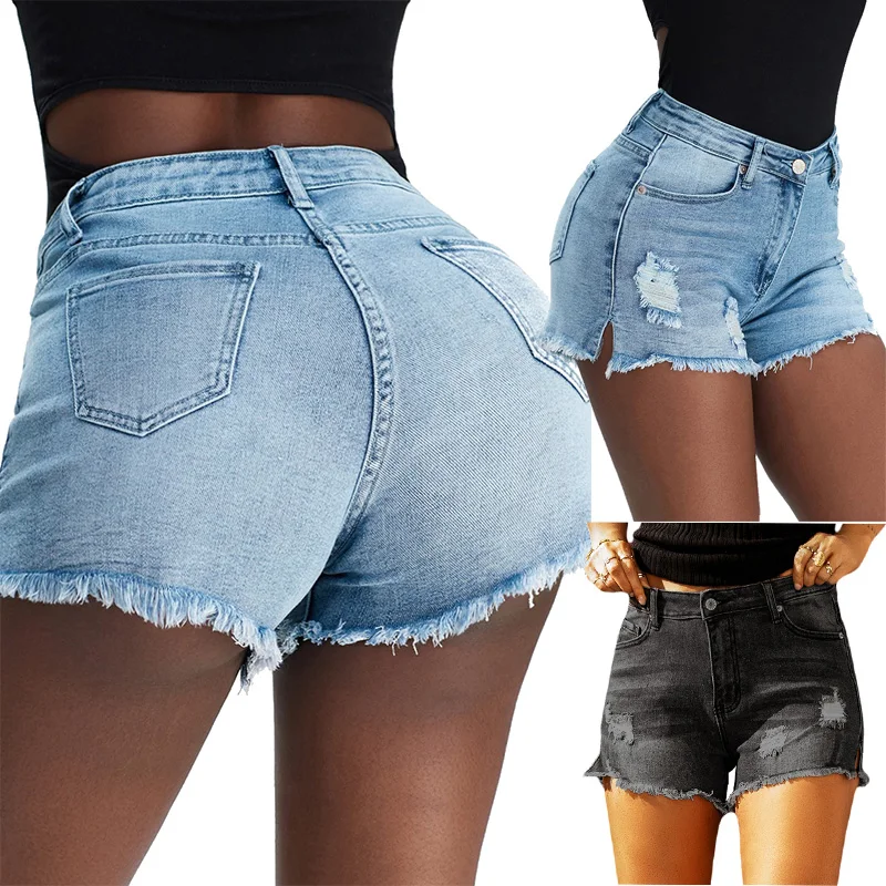 

2022 Summer High Waist Blue Ripped Raw Hem Denim Woman Short Jeans, As picture