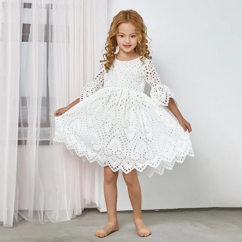 

Children Wedding Dress Christmas Flower Baby Girls' Party Dresses 2021 Spring Summer Flare Sleeve Lace Tutu Korean Kids Dress, White