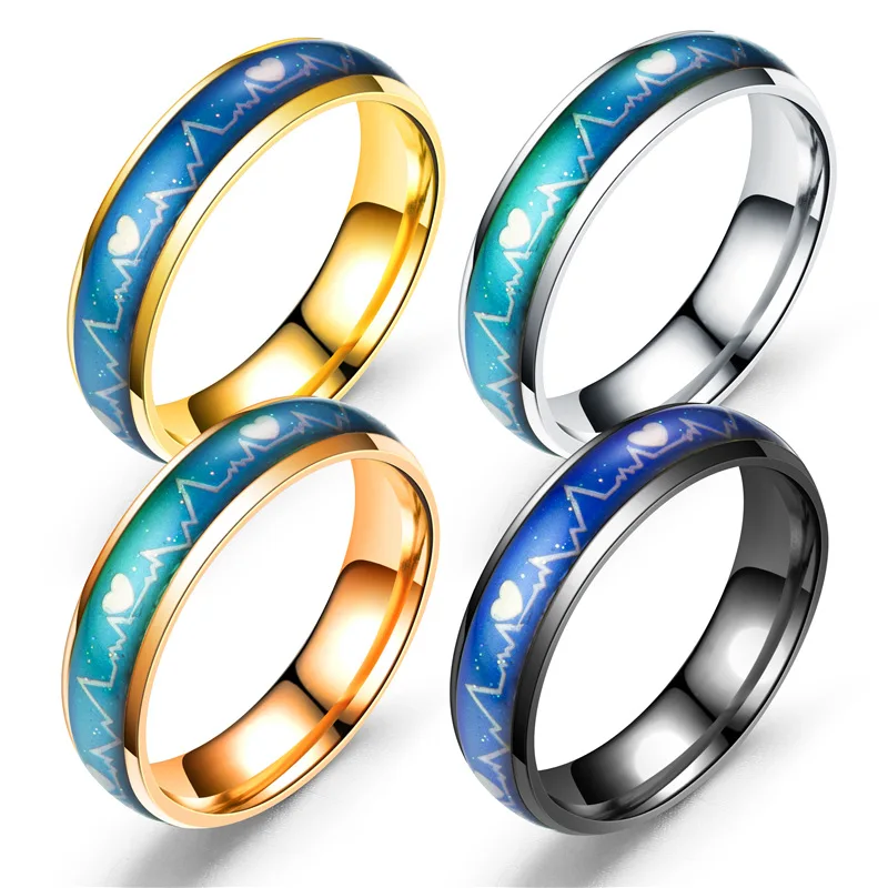 

Couple Jewelry Stainless Steel Temperature Colour Changing Band Rings Electrocardiogram Pattern Mood Ring For Lover