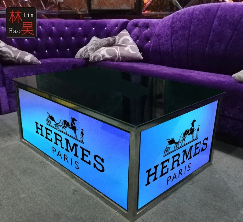 Linhao Low Cost Luxury Custom Band Logo Name Glass Coffee Table With LED Glowing 80*80cm
