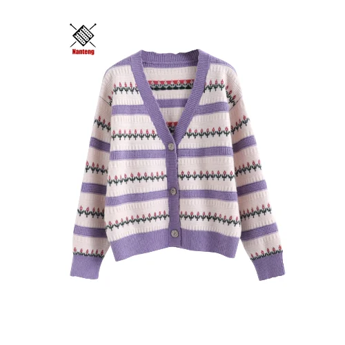 

New Arrival Long Sleeve Striped Women Knit Pattern Knitwear Cardigan Sweater