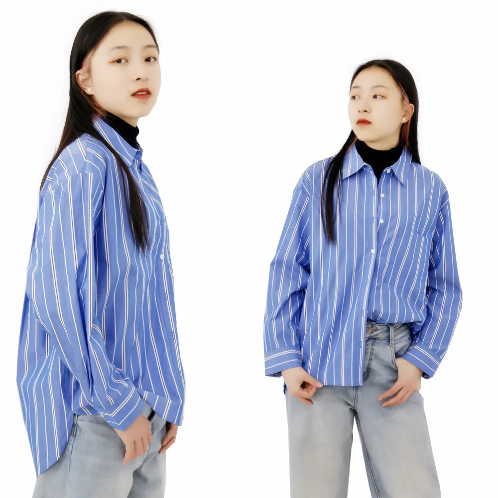 

Two Colors All-Match Womens Blouses Tops 100% Cotton Blue And White Stripes Ladies Blouses, Bule and dark blue