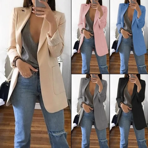 

New Women Thin Blazer Office Lady Lapel Long Sleeve Coat Suit Slim Cardigan Solid Color Jacket Casual Tops, As shown