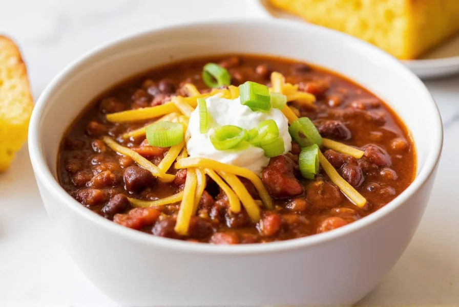 Finished slow cooker chili in white bowl with toppings: cheese, sour cream, green onions, served with cornbread on side