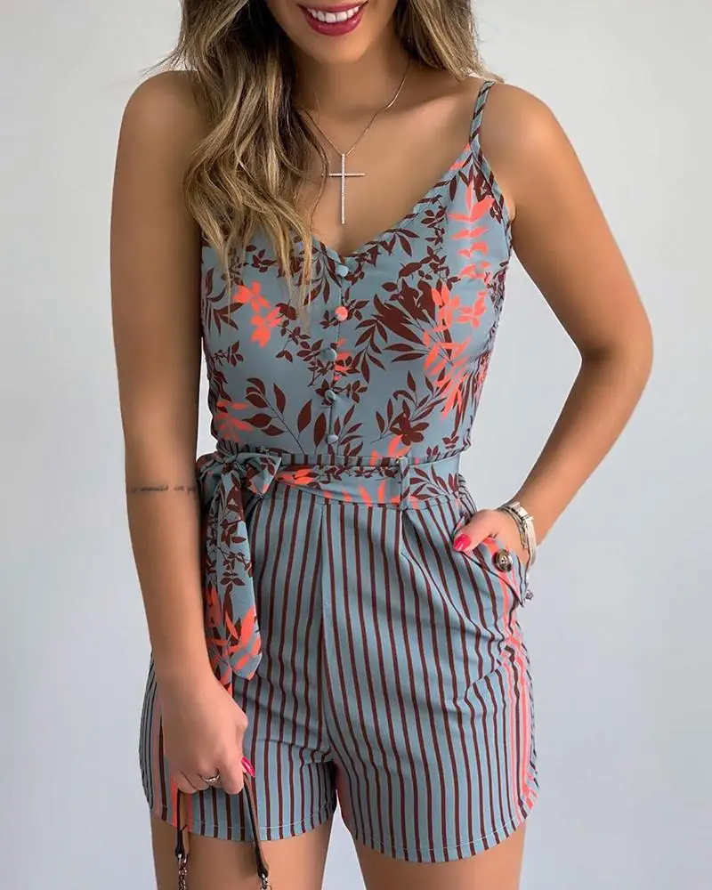 

2021 NEW Women's Summer Print Jumpsuit Casual Slim Short Sleeve V-Neck Beach Rompers Sleeveless Bodycon Sexy Playsuit, As show