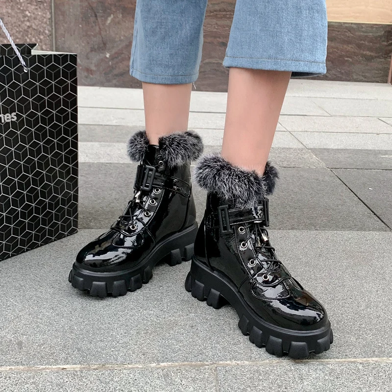 black ankle boots with white fur