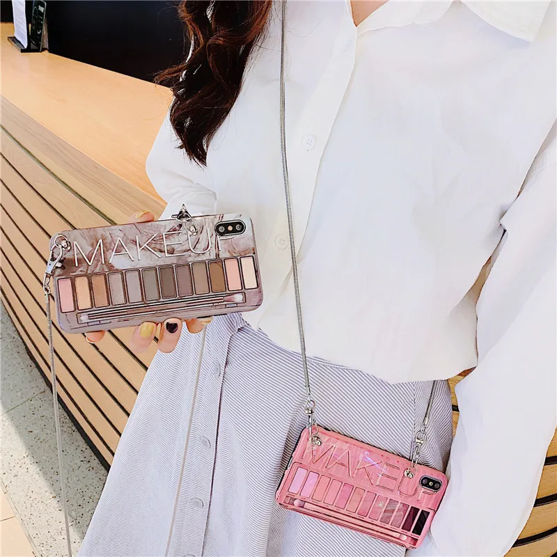 

2020 Makeup Phone Case For iPhone 7 Plus Creative Eye Shadow Case For iPhone 11 Pro/XR/XS Max Metal Strap Case Chain