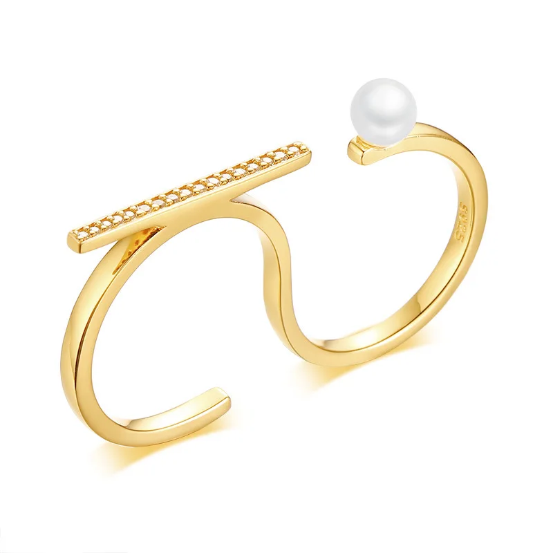 

New Design INS Double Rings Pearl Zircon Ring Wholesale, Gold