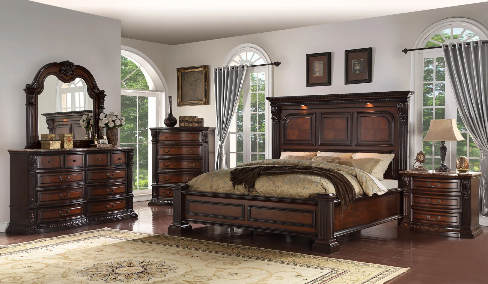 thumbnail image 2 of 5-Piece Vintage Bedroom Set - King Size Bed, Dresser, Mirror & Nightstands In Brown Cherry 2 of 13