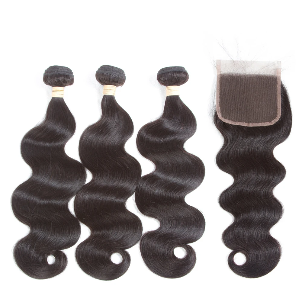 

10A 3 Pieces Diffrent Length Of Hair Bundles With One Piece 4*4 Lace Closure No Tangle No Shed , Natural Color 100% Human Hair