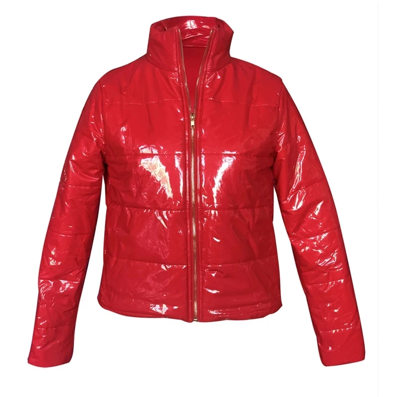 羽绒服女加号亮pu人造革泡沫外套冬衣防水乳胶女parkas短款河豚短款