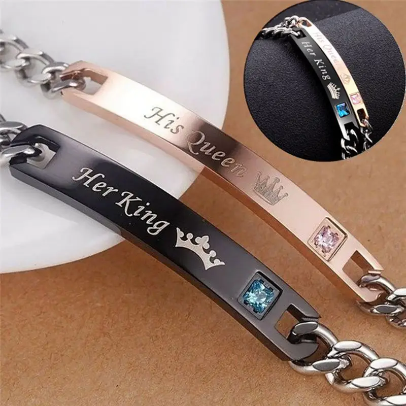 

His Queen Her King Lover Gifts Women Men Chain Link Bracelets for Couples Jewelry 2pcs steel Bracelet