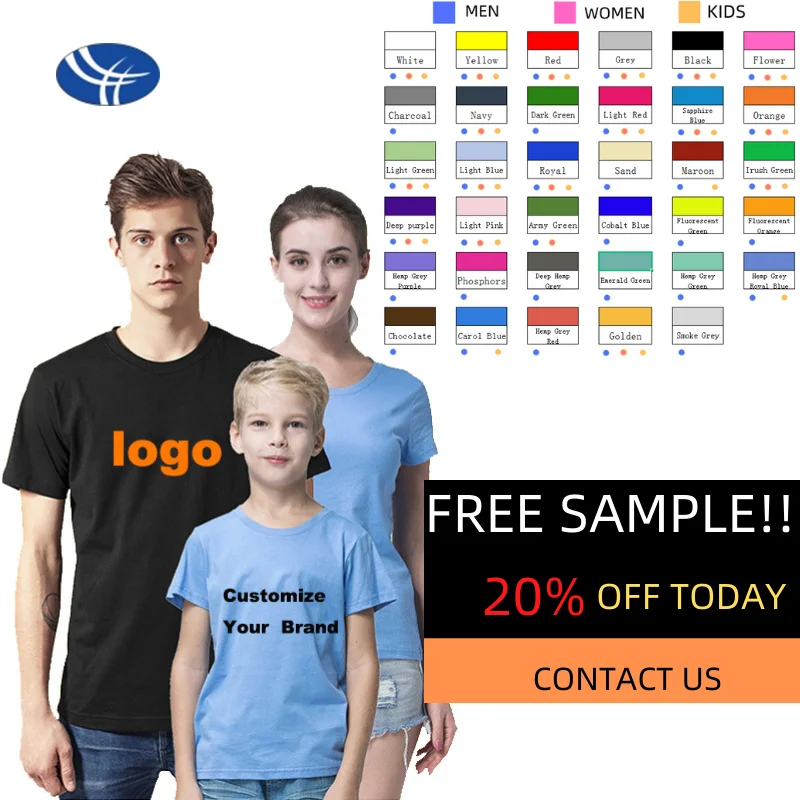 

HY Free Sample China Printed Manufacturer Wholesale High Quality Blank 100% Cotton Plain Embroidery Printing Custom Logo T Shirt, 35 color