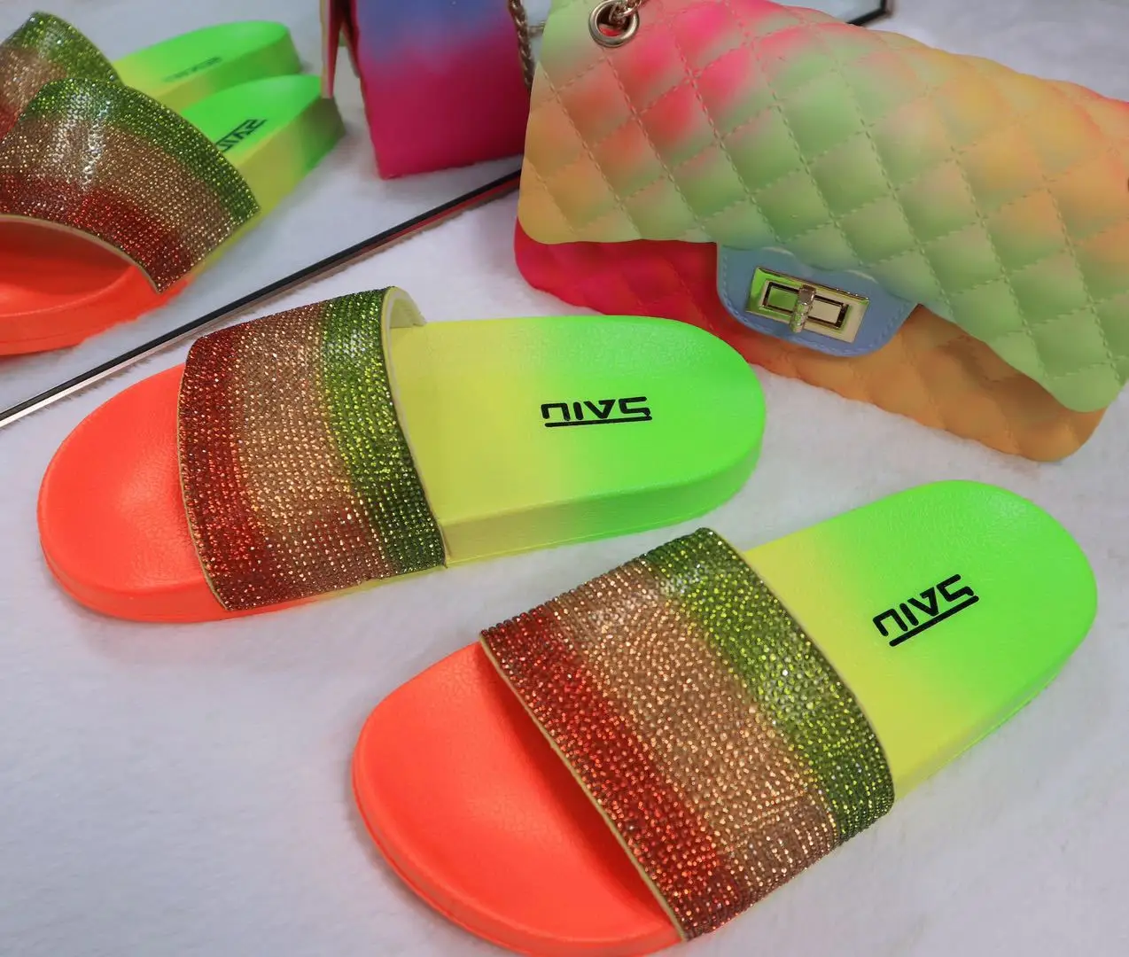 

2020 Latest Style Rainbow Color PVC Upper Sandals For Women And Ladies Casual Flat EVA Sandals Custom Logo, Customized color