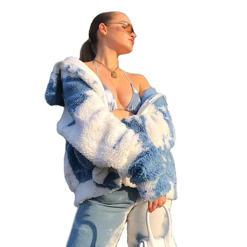 

Tie-dyed long-sleeved lamb down zip-up lapel jacket top women winter jackets and coats, As pics