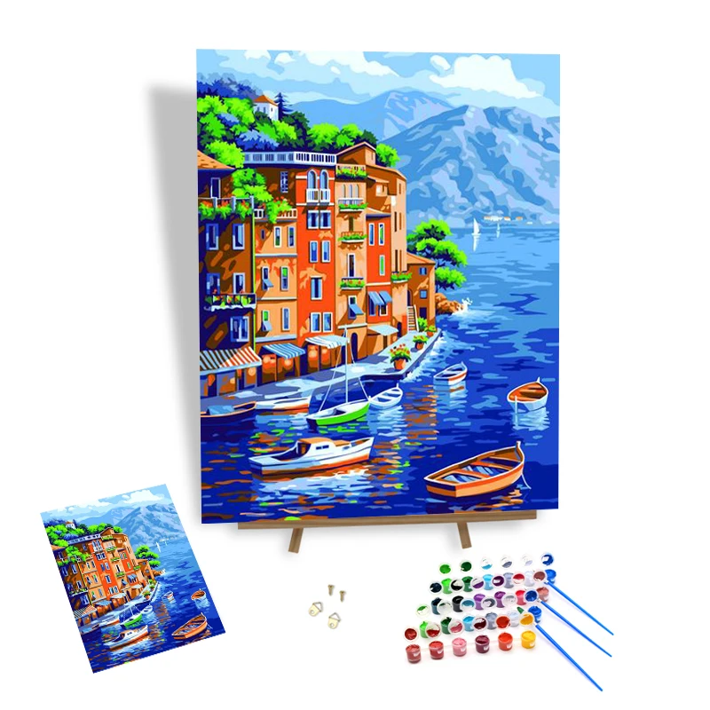 

Diy Painting By Numbers Kit Mountain Water City Framed Acrylic Pigment Hand Painted Canvas Color Printing Home Decor