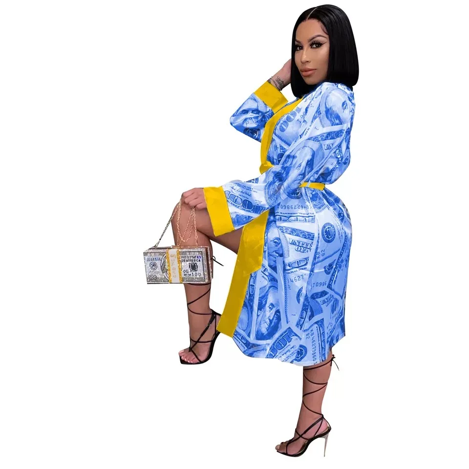 

Wholesale Sexy Silk Satin Money Robes Print Bath Robe Money Femme Sexy Lingerie Onesie Romper Women's Sleepwear