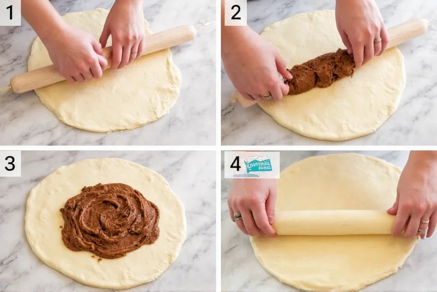 Step-by-step preparation of Oreo cinnamon bun dough being rolled with cookie filling