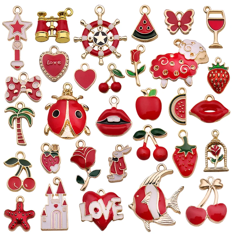 

30pcs Mixed Enamel Red Theme Charms Pendants for Jewelry Making Bulk lot Necklace Earrings Bracelet Craft Findings, Gold plated and enamel