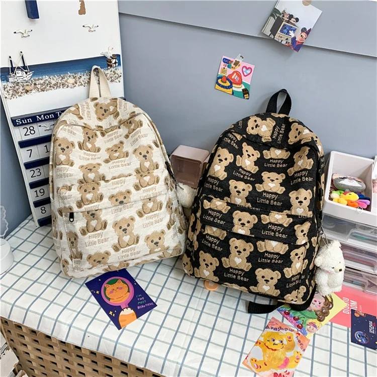 

High Popularity Cartoon Large Capacity Teenage Student School Bag Lovely kids Bear Pattern Travel Canvas Backpack, Black, beige
