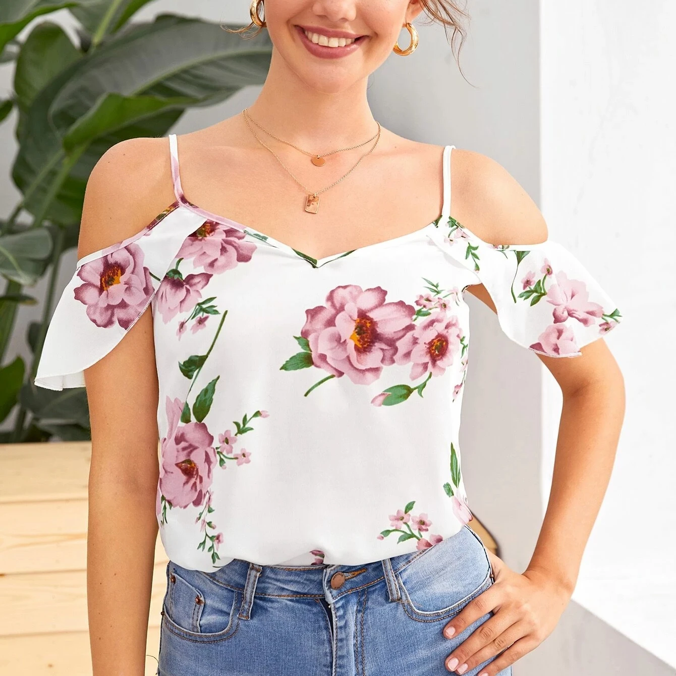 

Sling Lady Ruffle Casual Floral Womens Blouses Chiffon Shirt